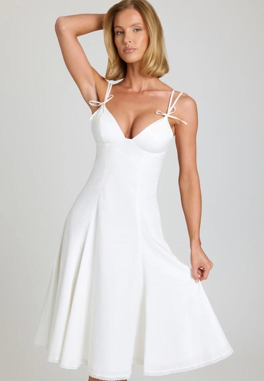 Oh Polly Mallory Bow-Detail A-Line Midi Dress in White Size 14 New